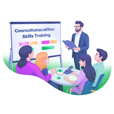 A modern pastel illustration depicting a consultant leading a communication skills training session. The consultant stands at the front, dressed in business casual attire, with engaging expressions while holding a clipboard. Participants are seated in a semi-circle, actively involved in role-playing activities. A few of them are standing, acting out different scenarios with clear expressions of focus and enthusiasm. The room is equipped with a whiteboard displaying "Communication Skills Training" in friendly lettering. There are various props like a phone and a notepad on a table, adding to the interactive atmosphere.
