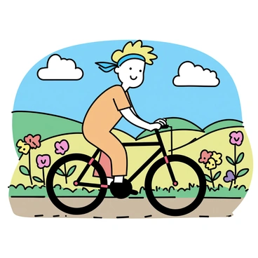 A young boy with spiky blonde hair, wearing an orange jumpsuit and a blue headband, is riding a bicycle along a dirt path. The bike is black with red highlights. Surrounding him is a vibrant countryside landscape, filled with colorful flowers in shades of red, yellow, and purple. In the background, there are rolling green hills and a bright blue sky dotted with fluffy white clouds. The scene conveys a sense of motion as he pedals through the flower-filled scenery.