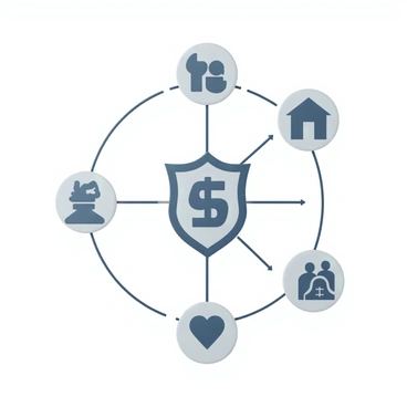 A detailed web of connections illustrating various elements of financial security and life insurance. At the center, there is a stylized shield symbolizing protection. Surrounding the shield are icons representing key components: a house symbolizing property insurance, a dollar sign for investment, a heart representing health insurance, and a family icon indicating coverage for dependents. Lines connect these icons to show their interrelationships, creating a cohesive and informative visual representation of financial security. The background is a gradient of soft blue and white, providing a clean and professional look.