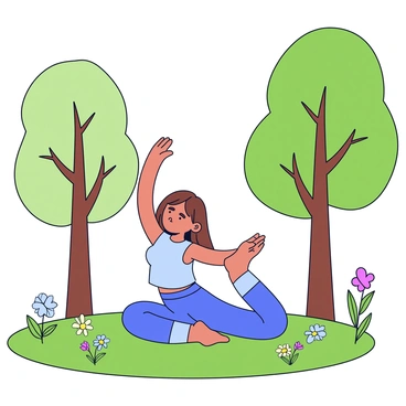 A woman with long brown hair is performing a yoga pose on a green grassy area. She is wearing a light blue yoga outfit. Surrounding her are tall trees with lush green leaves and colorful wildflowers scattered throughout the grass. The sunlight filters through the branches, casting gentle shadows on the ground. The scene conveys a sense of harmony with nature.