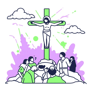 A scene depicts "Jesus on the cross," situated in a somber environment. The cross stands tall against a backdrop where "shadows play" dynamically, creating contrasting patterns that enhance the gravity of the moment. "The sun casts beams" that filter through the clouds, highlighting the figure of Jesus, whose expression conveys deep emotion. Below the cross, "figures of onlookers" are gathered, displaying a range of reactions, while the ground is uneven and rugged. In the distance, "silhouettes of trees" are faintly visible, framing the scene.