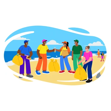 A group of five volunteers, wearing colorful t-shirts and hats, is cleaning up a beach. Each volunteer is actively collecting trash and placing it into large bags. The beach features soft, golden sand and gentle waves lapping at the shore. In the background, there are vibrant blue skies with a few fluffy white clouds. The volunteers are smiling and laughing, enjoying the beautiful ocean view. Some beachgoers are visible in the distance, adding a lively atmosphere to the scene.