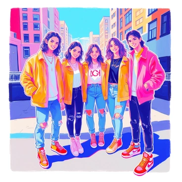 A group of friends is standing together in an urban setting. They are wearing trendy outfits that reflect contemporary fashion, featuring various styles such as oversized jackets, distressed jeans, and graphic tees. Each friend is showcasing a different pair of Air Jordan sneakers, highlighting the unique designs and colors of the footwear. The background consists of a cityscape with tall buildings, graffiti art on the walls, and a clear blue sky above. The friends are smiling and posing confidently, capturing a moment of camaraderie and style.