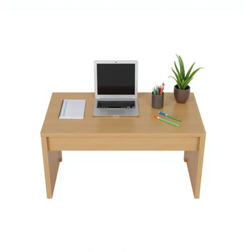 A tidy and organized desk with a smooth wooden surface. On the desk, there is a sleek silver laptop with the screen open, displaying a digital workspace. Next to the laptop, there is a notepad with neatly written notes and a few colorful pencils scattered beside it, arranged in a small holder. A small green plant in a ceramic pot adds a touch of nature to the workspace, enhancing the overall neatness of the setup. The desk is well-lit, creating an inviting atmosphere for work.
