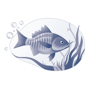 A mosaic art piece featuring a catfish. The catfish is designed with various geometric shapes and patterns, creating an intricate texture on its body. The fish has long, flowing whiskers extending from its face. Surrounding the catfish are swirling patterns that suggest movement through water. The background includes stylized representations of aquatic plants, enhancing the underwater theme. The overall composition draws attention to the catfish as the focal point of the artwork.