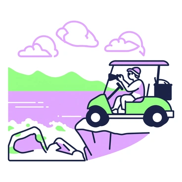 A photographer is sitting in a golf cart positioned on the edge of a cliff. The photographer is holding a camera with a long lens, focused on capturing the view in front. The cliff drops steeply down to a rocky shoreline below, where waves crash against the rocks. In the distance, rolling hills and a vast ocean stretch out towards the horizon. The sky above is filled with fluffy clouds, creating a dynamic backdrop. The golf cart has a sleek design and is equipped with a storage compartment, while the photographer wears a sun hat and sunglasses, ready for a day outdoors.
