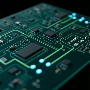 A close-up view of a circuit board featuring an intricate array of components. The circuit board has a dark green surface with various resistors, capacitors, and integrated circuits in detailed arrangement. Glowing pathways run across the board, illuminated in bright blue and green hues, highlighting the connections between components. Tiny digital voltage displays are positioned at various points, showing numerical values in a clear, illuminated font. The overall composition showcases the complexity and technology of modern electronics.