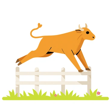 A muscular bull with a glossy brown coat is leaping over a wooden fence. The bull is in mid-air, showcasing its powerful legs and strong physique. The wooden fence is painted white, with several slats visible. Green grass is spread across the ground, with a few wildflowers growing nearby. The bull's expression is focused as it clears the fence, with its tail raised high behind it, emphasizing the dynamic motion of the jump.