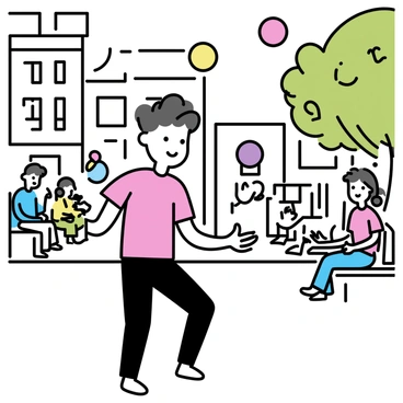 A street performer, wearing a bright red shirt and black pants, is skillfully juggling three colorful balls in a lively city square. The performer has short, curly hair and a focused expression on their face. In the background, there are people sitting on benches and watching, while others are walking by. Tall buildings with various architectural styles surround the square, and there are trees with green leaves providing some shade. A small crowd has gathered, enjoying the performance.