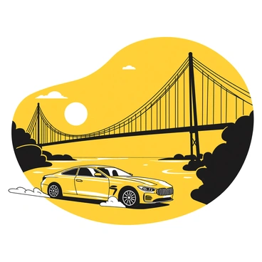 A sleek BMW traveling smoothly across a suspension bridge with intricate cables and towers. The bridge spans over a river, with its structure outlined against the evening sky. The wheels of the car are spinning as it moves forward, leaving behind a slight trail of dust. The sun is setting on the horizon, casting shadows of the bridge onto the water below, while the lights of the bridge begin to illuminate, creating a striking contrast with the darkening sky.