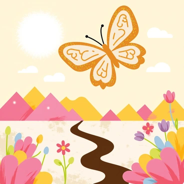 A butterfly with wings patterned like churros, featuring swirls of golden-brown and sprinkled sugar crystals, is soaring gracefully through the air. Below, a sugary landscape stretches out, dotted with mountains made of powdered sugar and rivers of chocolate syrup winding through the terrain. Brightly colored candy flowers with gummy petals are blooming throughout the scenery, and fluffy clouds of cotton candy float in the sky. The warm sunlight casts a soft glow over the entire scene, enhancing the sweetness of this whimsical environment.