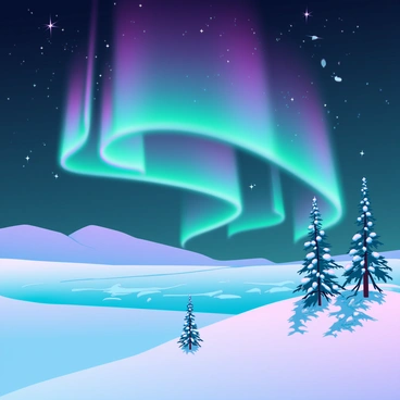 A breathtaking view of the Northern Lights in vibrant shades of green and purple, dancing gracefully across a dark, starry sky. Below, a snowy landscape stretches out with soft, untouched snow reflecting the colors of the aurora. A few snow-covered pines dot the foreground, their branches heavy with snow. In the distance, rolling hills create a gentle silhouette against the illuminated sky.