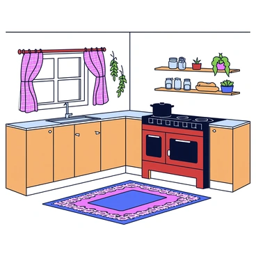 A cozy rustic kitchen with wooden cabinets and a farmhouse sink. In front of the old-fashioned stove, there is a colorful woven rug with intricate patterns. The stove has a cast-iron finish and a pot resting on top. There are wooden shelves filled with mason jars and herbs hanging from the walls. A window with checkered curtains lets in soft light, illuminating the scene.