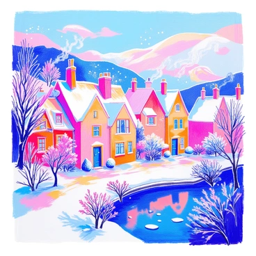 A quaint village is nestled among gently rolling hills, completely blanketed in a thick layer of snow. The rooftops of charming cottages are covered with shimmering white snow, creating a picturesque winter scene. Wisps of smoke are rising from several chimneys, curling into the crisp winter air. The ground is dotted with snow-covered trees, their branches laden with snowflakes. In the distance, a frozen pond reflects the soft glow of the winter sun.