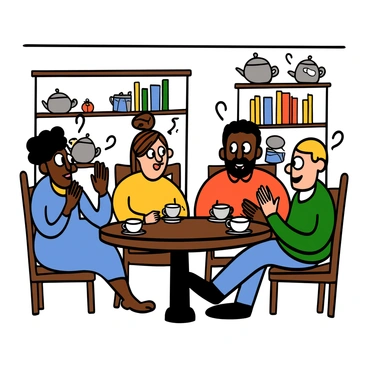 A cozy coffeehouse filled with light-skinned and dark-skinned citizens engaged in a lively debate. The room is warmly lit with wooden tables and chairs. A group of four people is gathered around a round table, with two men and two women. One woman has big eyes and curly black hair, wearing a blue dress, passionately gesturing with her hands. The other woman has big eyes and straight brown hair, wearing a yellow blouse, listening intently. One man has big eyes and a beard, wearing a red shirt, speaking confidently, while the other man, with big eyes and short blonde hair in a green vest, leans forward with interest. Each person has a cup of tea in front of them, with steam rising from the cups, indicating the warm atmosphere. In the background, shelves filled with books and decorative teapots can be seen, contributing to the coffeehouse's inviting ambiance.