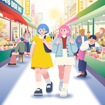 Kaede, a girl with short blue hair and wearing a bright yellow dress, is walking alongside Suzu, who has long pink hair and is dressed in a light denim jacket paired with a white skirt. They are smiling as they explore a vibrant city street bustling with activity. Colorful shopfronts line the street, showcasing an array of merchandise from clothing to souvenirs. Street vendors are selling various types of street food, displaying items such as skewered grilled meat, colorful dumplings, and fresh fruit cups. A warm atmosphere fills the scene, with people chatting and enjoying their meals at small outdoor tables. The sun casts a golden glow on the lively scene, enhancing the colors of the shops and food.