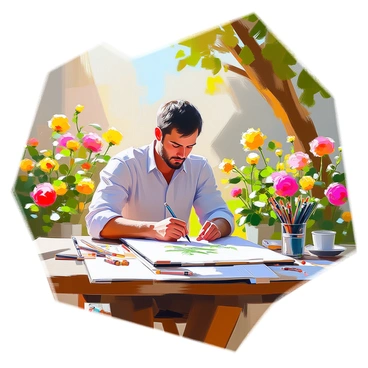 A man with medium skin and short, dark hair is seated at a wooden table in a lush garden, surrounded by blooming flowers and greenery. He is intently focused on illustrating detailed botanical drawings on a large sheet of paper in front of him. The table is cluttered with various art supplies, including colored pencils, brushes, and a sketchbook filled with previous drawings. Sunlight filters through the leaves of nearby trees, casting dappled shadows on his workspace. Vibrant flowers, such as red roses and yellow daisies, frame the scene, adding color and life to the setting. The man wears a light-colored shirt and has an expression of concentration as he examines a plant specimen next to him for reference.