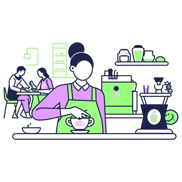 A barista with a ponytail is standing behind the counter of a coffee shop. She is focused on pouring steamed milk into a cup to create latte art. The cup is placed on a white saucer, and intricate patterns are starting to form on the surface of the coffee. Behind her, a variety of coffee machines and equipment are visible, along with an assortment of coffee beans in jars. Customers can be seen in the background, seated at tables and engaging in conversation, adding to the lively atmosphere of the coffee shop.