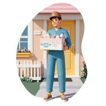A postal worker, wearing a blue uniform and a brown postal cap, is standing in front of a cozy home with a white picket fence and colorful flowers in the garden. The worker is holding a large box decorated with vibrant designs, filled with "Easter eggs". The eggs are painted in various colors such as pastel pink, yellow, and blue, some with intricate patterns. The front door of the home is painted in a cheerful yellow, with a welcome mat in front. Sunlight is shining, casting soft shadows on the ground, creating a warm and inviting atmosphere. The postal worker is smiling as they prepare to deliver the package, embodying a sense of joy and community.