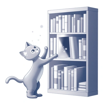 A small, agile cat wearing a signature pair of boots is standing on its hind legs in front of a tall bookshelf filled with various books. The cat has an inquisitive expression on its face as it reaches out a paw toward the books. One of the books is slightly ajar, revealing a shadowy passageway behind it. Dust motes float in the air, illuminated by a faint light emanating from the hidden passage. The cat's tail is raised high in excitement, and its ears are perked up as it prepares to explore this newfound discovery.