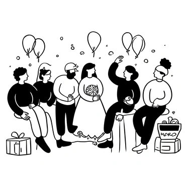A group of friends wearing themed costumes, gathered together in a festive atmosphere. Each person is dressed uniquely, showcasing their individual costume styles. One friend, dressed in a bridal-themed outfit, is at the center, surrounded by others in various character-themed attire. Balloons and streamers are scattered around, enhancing the celebratory mood. A table with party decorations and snacks is set up nearby, adorned with a banner that reads "Bride-to-Be."
