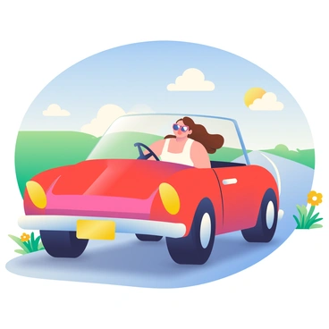 A red convertible car is driving down an open road that stretches into the horizon. The sky is clear with a few fluffy white clouds scattered around. A woman with long, flowing brown hair is sitting in the driver's seat, her hair blowing in the wind. She is wearing a pair of stylish sunglasses and a white tank top. The road is flanked by green grass and wildflowers, creating a vibrant scene. The sun is shining brightly, casting soft shadows on the road and the car.