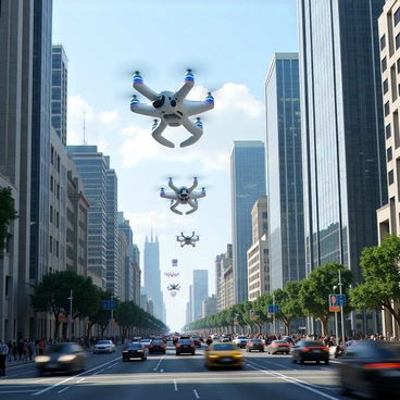 A fleet of sleek, silver autonomous police drones flying in formation above a bustling city street. Each drone has a streamlined design with a glossy finish and integrated lights that flash in blue and red. Below, the city street is filled with people walking and cars in motion. Skyscrapers and urban buildings line the sides, showcasing a mix of modern architecture. The sky is clear with a few scattered clouds, allowing sunlight to illuminate the scene. The drones are equipped with advanced sensors, scanning the area for activity.