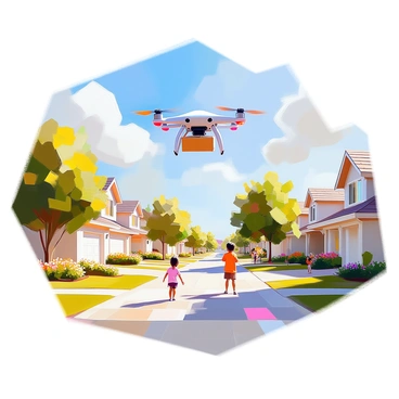 A suburban neighborhood is filled with neatly arranged houses, each with well-manicured lawns and vibrant flower beds. Several small drones are flying overhead, their propellers spinning rapidly as they navigate through the air. Each drone carries a package, securely attached to its underside, gliding smoothly towards its designated delivery point. The sky above is blue with a few fluffy clouds, and some children are playing in the yards, looking up in awe at the flying drones. Trees line the streets, providing shade and a sense of calm in the bustling neighborhood.