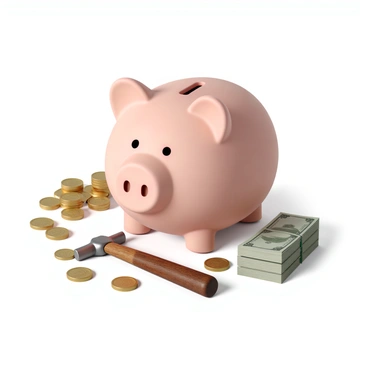 A classic piggy bank in a glossy pink finish, shaped like a cheerful pig with a rounded body and a slot on top for inserting coins. It is surrounded by several shiny gold and silver coins scattered around it on a smooth surface. There are multiple stacks of paper money in various denominations, neatly arranged beside the piggy bank. A small, metallic hammer is placed next to the piggy bank, reflecting light, with its wooden handle showing fine grain details.