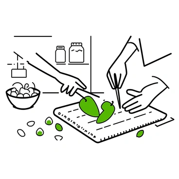 A close-up of two hands, one with a ring on the index finger, holding a knife, chopping green bell peppers on a wooden cutting board. The cutting board is textured with knife marks and wood grain. There are various chopped vegetables scattered around, including diced onions and slices of tomatoes. A soft cloth is draped over the edge of the counter, and there is a bowl nearby that is partially filled with more chopped vegetables. The background features shelves with jars and cooking utensils, creating a cozy kitchen atmosphere.