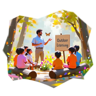 A teacher with medium skin and short curly hair, wearing a light blue shirt and khaki pants, stands in front of a small group of children seated on logs in an outdoor classroom setup surrounded by tall trees and green foliage. The teacher gestures towards a vibrant display of wildflowers nearby. The children, diverse in appearance, listen attentively, some with notebooks and pencils in hand, while others are looking curiously at a butterfly fluttering by. Sunlight filters through the leaves, casting dappled shadows on the forest floor. A wooden sign with the words "Outdoor Learning" is visible in the background.