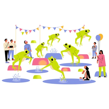 A lively festival scene featuring multiple bullfrogs leaping over various colorful water obstacles. Each bullfrog is bright green with distinctive markings and has its legs stretched out mid-jump. The background includes festive decorations such as banners and balloons in vibrant colors, creating an energetic atmosphere. There are small ponds scattered throughout, with splashes of water rising as the frogs land or take off. Spectators, depicted as cartoon animals, cheer on the bullfrogs from the sidelines, adding to the excitement of the event.