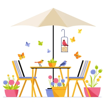 A sunny patio with a wooden table and chairs positioned under a large umbrella. In the center of the patio, there is a bird feeder hanging from a metal post, filled with seeds. Colorful birds, such as a bright red cardinal, a yellow goldfinch, and a blue jay, are gathered around the feeder. Vibrant butterflies in various colors, including orange and yellow, are fluttering around the flowers in pots placed on the patio. The scene is lively and full of activity, showcasing the interaction between the birds and butterflies.