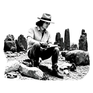 An archaeologist with short brown hair and wearing a beige hat is sitting on a large rock. They are focused intently on sketching the outline of a newly discovered ruin on a sheet of paper placed on their lap. The archaeologist is dressed in a light-colored shirt and cargo pants, with various tools and notebooks scattered around them on the ground. In the background, the silhouette of ancient stone structures is faintly visible, while the surrounding landscape consists of rugged terrain and sparse vegetation.