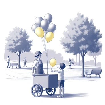 A street vendor stands behind a wooden cart filled with assorted balloons. The balloons are tied together with colorful strings and float above the cart. The vendor, wearing a striped apron and a sun hat, is reaching out to a child who points excitedly at a bright yellow balloon. In the background, people are walking along a paved path in the park, and trees with dense foliage provide shade. A few benches are scattered nearby, with people sitting and enjoying the lively atmosphere. The scene captures the energy of the park with activity and interaction among the visitors.