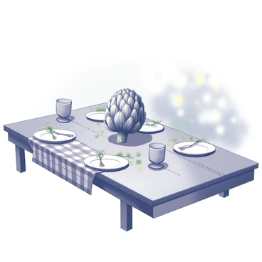 An artichoke positioned prominently in the center of a wooden dining table. The table is adorned with a checkered tablecloth, adding a rustic charm. Surrounding the artichoke are several plates and glasses, fashioned from simple, unadorned materials. Natural elements like twigs and small wildflowers are scattered across the table, enhancing the outdoor setting. In the background, there are hints of greenery and soft sunlight filtering through nearby trees, creating a warm ambiance for the dining area.
