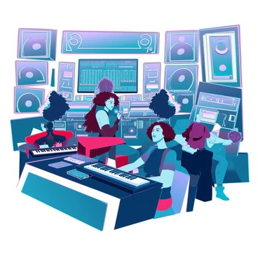 A recording studio filled with various audio equipment, including large mixing consoles, microphones, and studio monitors. In the center, a group of four band members is collaborating on a new track. The first member, a man with long hair, is playing an electric guitar. The second member, a woman with short brown hair, is seated at the mixing console, adjusting the sound levels. The third member, a man with glasses, is holding a microphone and singing, while the fourth member, a woman with curly hair, is playing a keyboard. The walls are decorated with soundproof panels, and there are shelves lined with musical instruments and records.