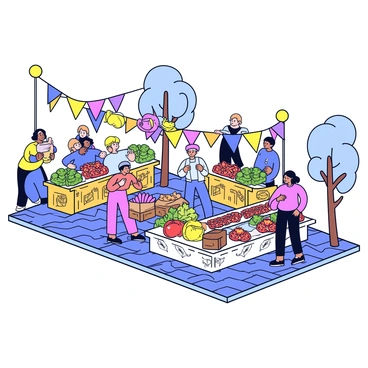 A bustling market scene filled with various colorful stalls. Each stall showcases a variety of fresh produce, including bright red tomatoes, leafy greens, and yellow bananas. Nearby, another stall displays handmade crafts, featuring woven baskets and painted pottery. People are interacting, with some shopping and others examining the goods. The ground is paved with cobblestones, and a few trees line the side of the market, providing shade. Bright flags flutter above the stalls, adding to the lively atmosphere.