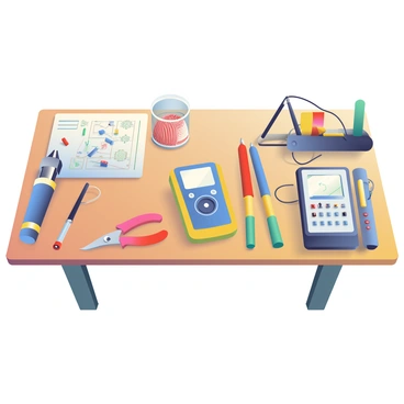 A set of essential electrical engineering tools is neatly arranged on a wooden workbench. There are several screwdrivers with colorful handles, including a red Phillips and a blue flathead. A pair of wire cutters is positioned next to a roll of copper wire, and a multimeter is placed prominently in the center. A black soldering iron with a stand is resting beside a small container filled with various resistors and capacitors. Additionally, there is a digital oscilloscope positioned at one end of the workbench, along with a notepad and pencil for sketching circuit designs. The tools are organized in an orderly fashion, showcasing a tidy workspace.
