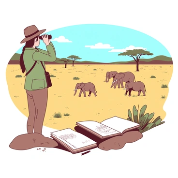 A female wildlife biologist is standing on the edge of a vast African savannah, wearing a light green field jacket and a wide-brimmed hat. She is holding binoculars up to her eyes, intently observing a herd of elephants in the distance. The elephants are gracefully moving across the golden grass, with some of them playfully interacting with each other. In the background, there are scattered acacia trees and a clear blue sky. The biologist's notebook, lying open on a nearby rock, shows sketches and notes about her observations.