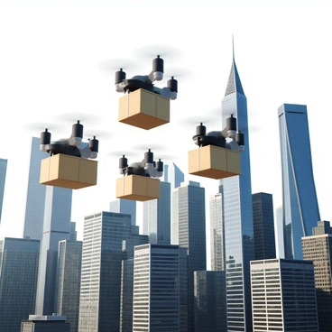 A fleet of drones buzzing above a city, delivering small packages to skyscrapers