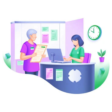 A scene depicting a patient standing at a clinic's reception desk to register for an appointment. The patient, a middle-aged person, holds a clipboard with paperwork and looks attentively at the receptionist. The receptionist, a young woman with short hair, is typing on a computer while wearing a name badge. Surrounding them are various clinic-related items, such as brochures, a potted plant, and a wall clock indicating the time. The reception area features soft lighting and pastel-colored walls, creating a welcoming atmosphere.