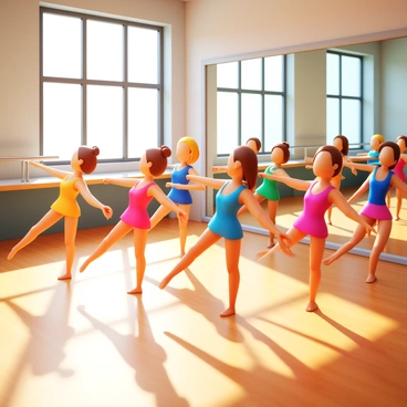 A dance studio with large mirrors reflecting the participants. A group of dancers wearing colorful dance attire is engaged in a warm-up routine. The dancers are performing heel taps, lifting their heels and striking the floor rhythmically. The studio is bright, with wooden flooring and barre equipment along the walls. Sunlight shines through the windows, creating dynamic shadows on the ground.