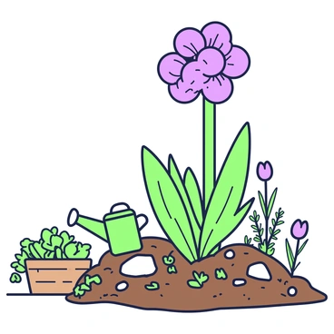 A cluster of "Allium flowers" stands tall in the center of a kitchen garden. The round purple blooms are surrounded by various herbs, including "basil," "thyme," and "rosemary," which showcase their distinct leaf shapes. In front of the herbs, there is a small patch of "chives" with their slender green stalks. The garden features rich soil with a few stones scattered throughout. A rustic wooden planter is visible on one side, filled with more herbs and some leafy greens. A small watering can lies nearby, hinting at the care put into maintaining this vibrant garden.