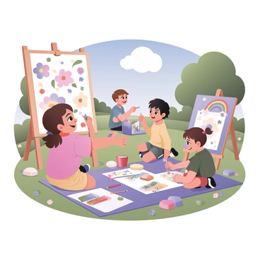 A digital flat illustration of a vibrant park scene filled with children engaged in art activities. On the left, a girl with curly brown hair is painting a large canvas with colorful flowers and butterflies. Next to her, a boy with short hair is drawing with crayons on a piece of paper, surrounded by a variety of colored pencils and markers scattered around him. In the center, another child with pigtails is using a sponge brush to create a rainbow on a canvas. The grass is bright green, dotted with colorful flowers. In the background, there are trees with lush leaves and a blue sky with fluffy white clouds. A picnic blanket is laid out nearby, covered with paint supplies and snacks.