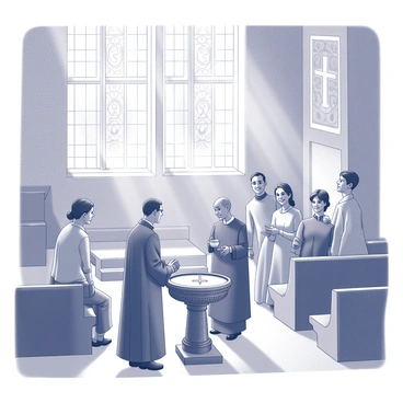 An interior of a church filled with light streaming through stained glass windows. The scene features a baptism taking place at a small, decorated font at the front of the church. The priest stands beside the font, dressed in ceremonial robes, holding a small bowl of water. Surrounding the font, family and friends are gathered, expressing joy and reverence. Some individuals are seated on wooden pews, while others stand closely to the font, looking on with smiles. The walls of the church have intricate carvings and religious symbols, contributing to the sacred atmosphere of the event.