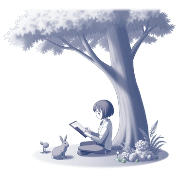 A female character with short hair is sitting under a large tree. The tree has a thick trunk and an extensive canopy of leaves providing shade. Nami is positioned comfortably on the grass, with a sketchbook open on her lap. She is focused on drawing several animals nearby, including a small rabbit and a bird perched on a branch. Various plants, such as wildflowers and ferns, surround her, adding to the natural setting. The scene captures her creative process as she carefully sketches the wildlife and flora around her.