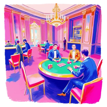 An exclusive high roller room features rich, ornate decor with deep mahogany wood paneling and plush velvet upholstery. The room is illuminated by elegant crystal chandeliers hanging from the ceiling. Several round tables are scattered throughout, each occupied by elite players who are dressed in formal attire, such as tailored suits and elegant evening dresses. The tables are covered with green felt, and stacks of colorful chips are arranged neatly next to each player. A luxurious bar in the corner displays an array of premium liquor bottles, and the ambiance is filled with a sense of excitement and tension.