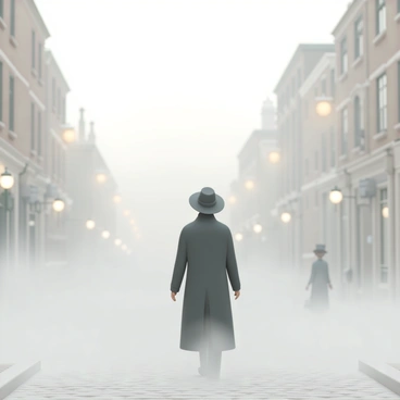 A lone figure, dressed in a long dark coat and a wide-brimmed hat, is walking down a fog-shrouded street. The street is lined with old brick buildings, their outlines barely visible through the dense mist. Soft streetlights cast a warm glow, illuminating patches of the cobblestone ground. The figure walks slowly, with a slight shadow behind them, creating a sense of mystery. Wisps of fog swirl around their feet as they move forward, disappearing into the haze. The atmosphere is tranquil, with muted colors blending into the background.