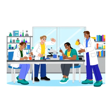 A group of scientists from different disciplines is collaborating on an experiment in a bright, well-equipped laboratory. The scene includes a chemist in a white lab coat, carefully measuring liquids in colorful beakers. Next to them, a biologist is observing samples under a microscope, taking detailed notes. A physicist stands at a table with intricate electronic equipment, adjusting knobs and switches. The walls of the lab are lined with shelves filled with various scientific books and equipment. Large windows allow natural light to flood the space, highlighting the focused expressions on their faces as they work together.